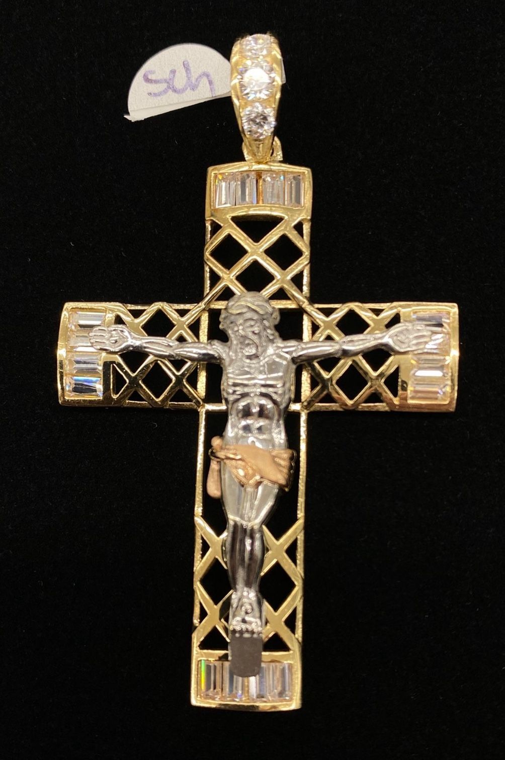 $1750 Three Tone Gold W Zirconia Cross Crucifix Charm
