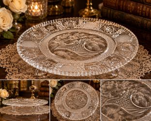 Vintage Hand-Cut Lead Crystal Three-Footed Serving Stand / Cake Plate – Basket & Floral Engraving