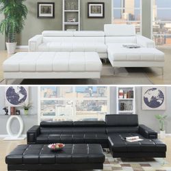 White Or Black Faux Leather Sectional Sofa - Ottoman Sold Separate 