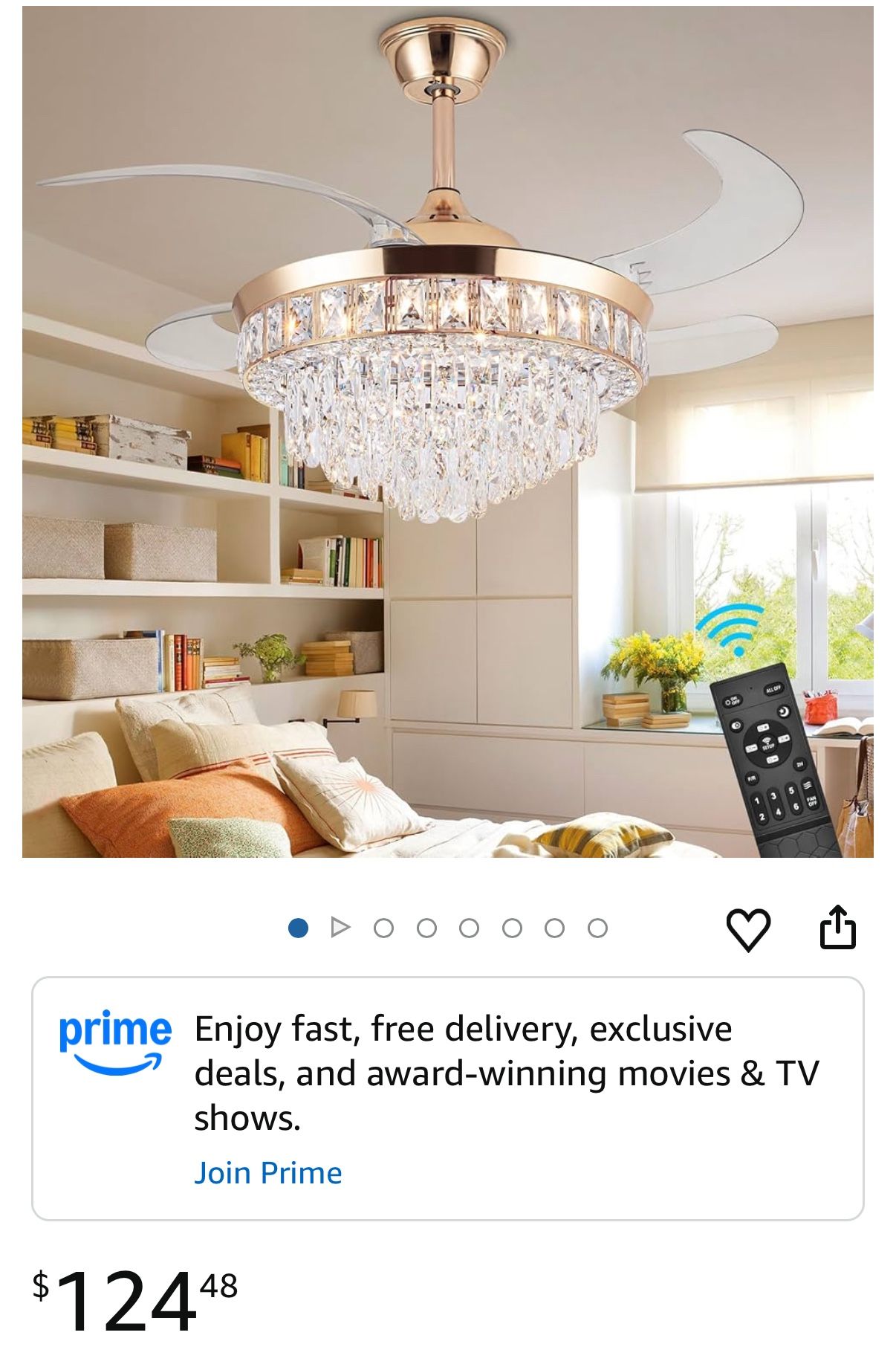 Crystal Ceiling Fan with Light,42Inch Gold Crystal Fandelier, Modern Stepless Dimmable Chandelier Fan with Remote Control 6 Speeds Retractable Ceiling