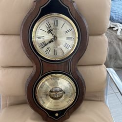 Bulova France Wood Quartz Clock Wall Hanging Weather Barometer Vintage 11w x 23h x3d