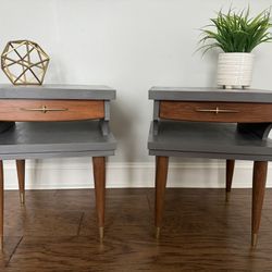 Revamped Mid-Century Modern Nightstand/End Table Pair with Gold Accents