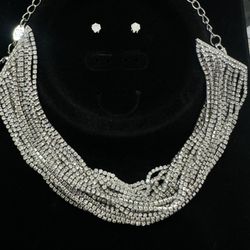 Elegant Silver Rhinestone Necklace and Earring Set