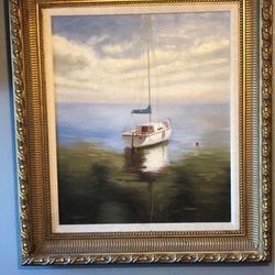 Signed Ramsay, Boat on the water, oil painting, mid 1900s, framed