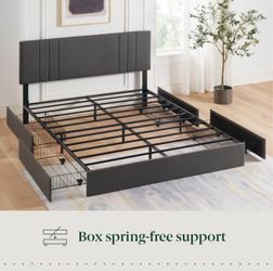 🔥 Bed Frame, Four Underbed Storage Drawers, Full, Dark Grey.