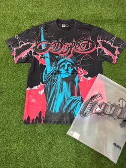 Godspeed Tee with blue Statue of Liberty graphic