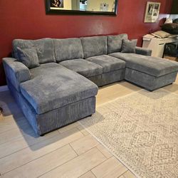 BRAND NEW DARK GREY CORDUROY DOUBLE CHAISE SECTIONAL COUCH (NEW IN BOXES)