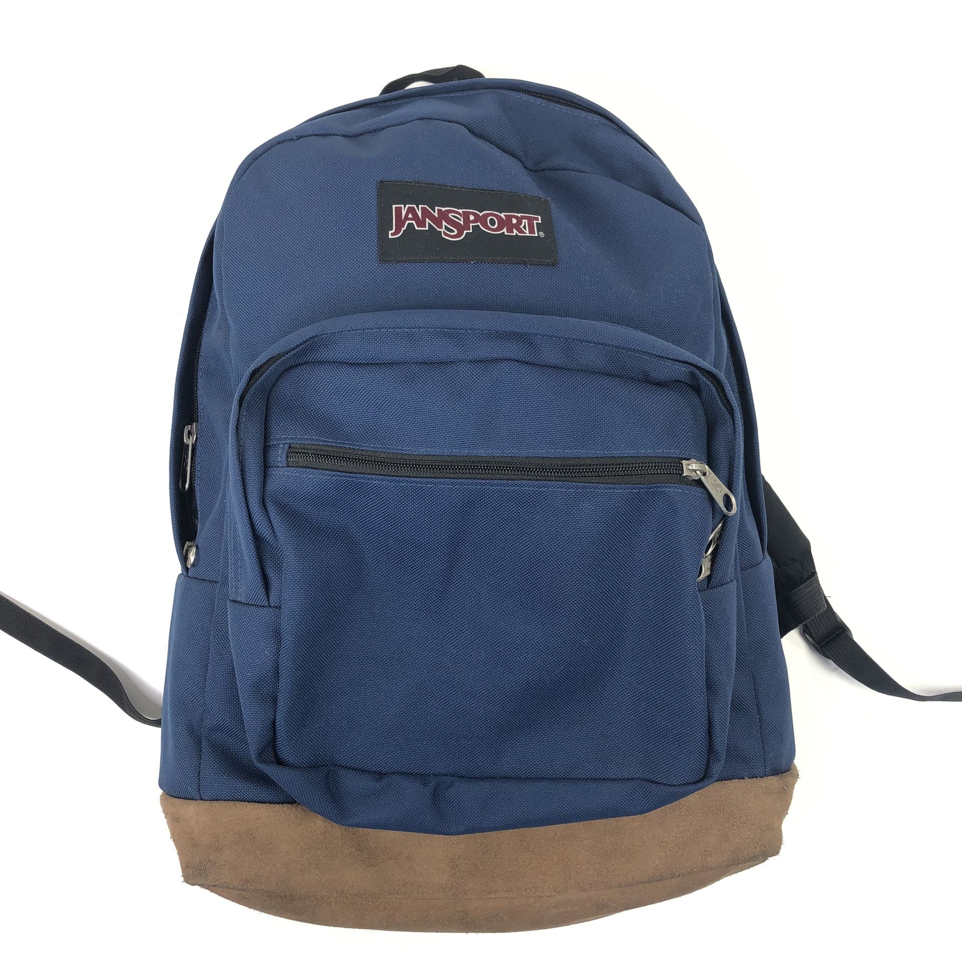 Jansport Backpack Navy Blue Suede Leather Bottom School Travel 18 x 16 x 8 inch