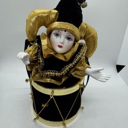 Vintage Porcelain  Animated Jester Clown in Drum Wind up Music Box PLAYS.