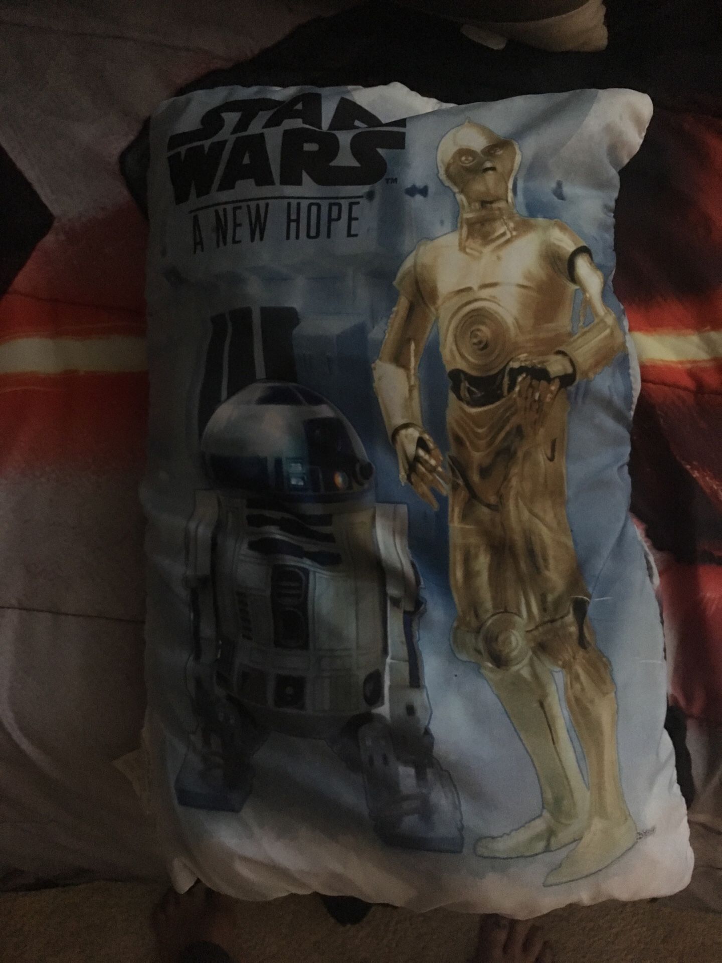 Star Wars Twin Bed Set with a black fitted and black regular sheet. Reversible Star Wars comforter, along with two Star Wars pillow shams. Also inclu