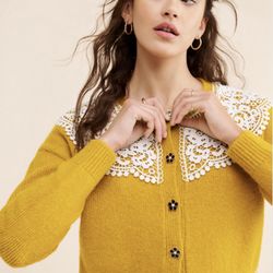 Maeve By Anthropology Golden Yellow Lace Cardigan Enamel Crystal Buttons