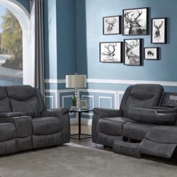 Brand New 2PC Grey Leatherette Reclining Sofa and Loveseat Set 