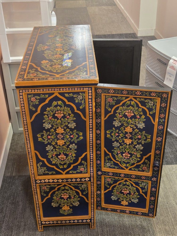 Hand Crafted Blue Floral Art Cabinet