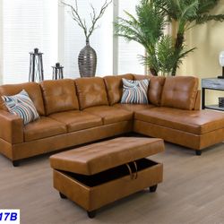 New Ginger Leather Sectional And Ottoman