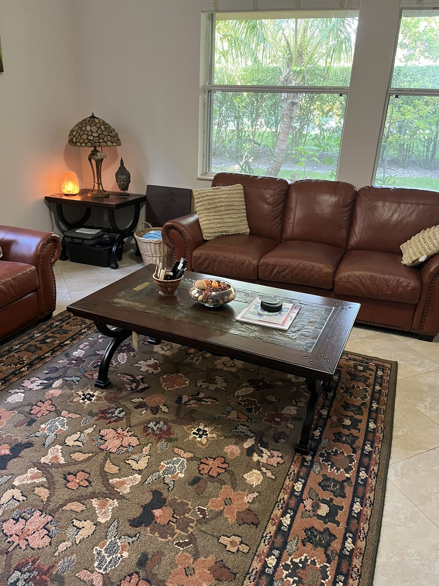 GORGEOUS 2 REAL LEATHER SOFAS/ LEATHER RECLINER SET WITH COCKTAIL TABLE AND 2 END TABLES/ WAS $4,000/ ASKING $2,499 NEG
