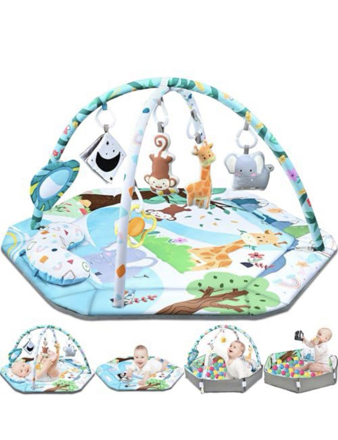 Baby Gym Play Mat, 8-in-1 Tummy Time Mat & Ball Pit with 6 Toys, Washable Baby Activity Play Mat for Visual, Hearing, Sensory, Motor Development, Baby