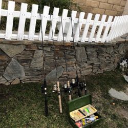 FIVE (5) Shimano Fishing Rods with Shimano Reels plus a Tackle Box Full of Lures,Hooks and more.