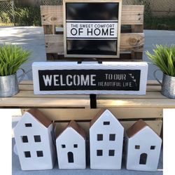 Farmhouse Tabletop Home Decor Signs & Grass Pots & Ceramic Houses 