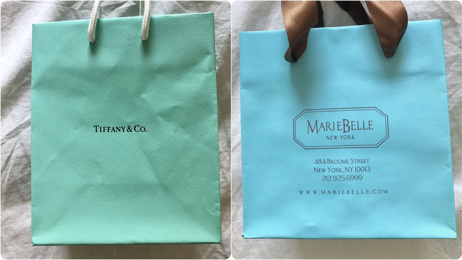 2 SMALL LUXURY GIFT BAGS - AUTHENTIC TIFFANY & CO + MARIE BELLE
