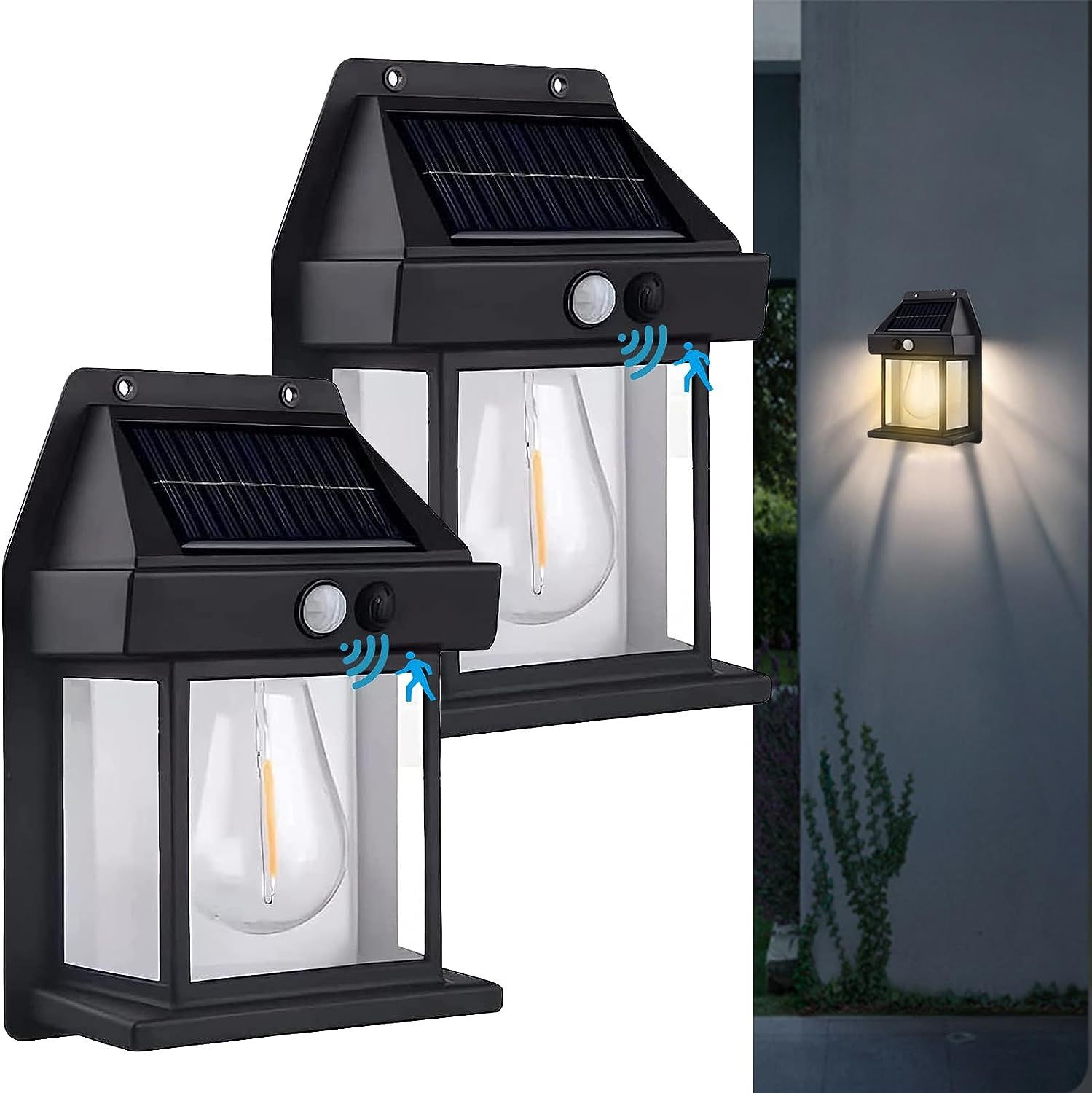 Solar Wall Lights Outdoor, Wireless Dusk to Dawn Porch Lights Fixture, Solar Wall Lantern with 3 Modes & Motion Sensor, Waterproof Exterior Lighting w