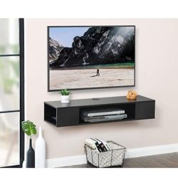 Floating TV stand shelf, wall mounted entertainment center media console component under tv, tv media console shelf with storage black.

