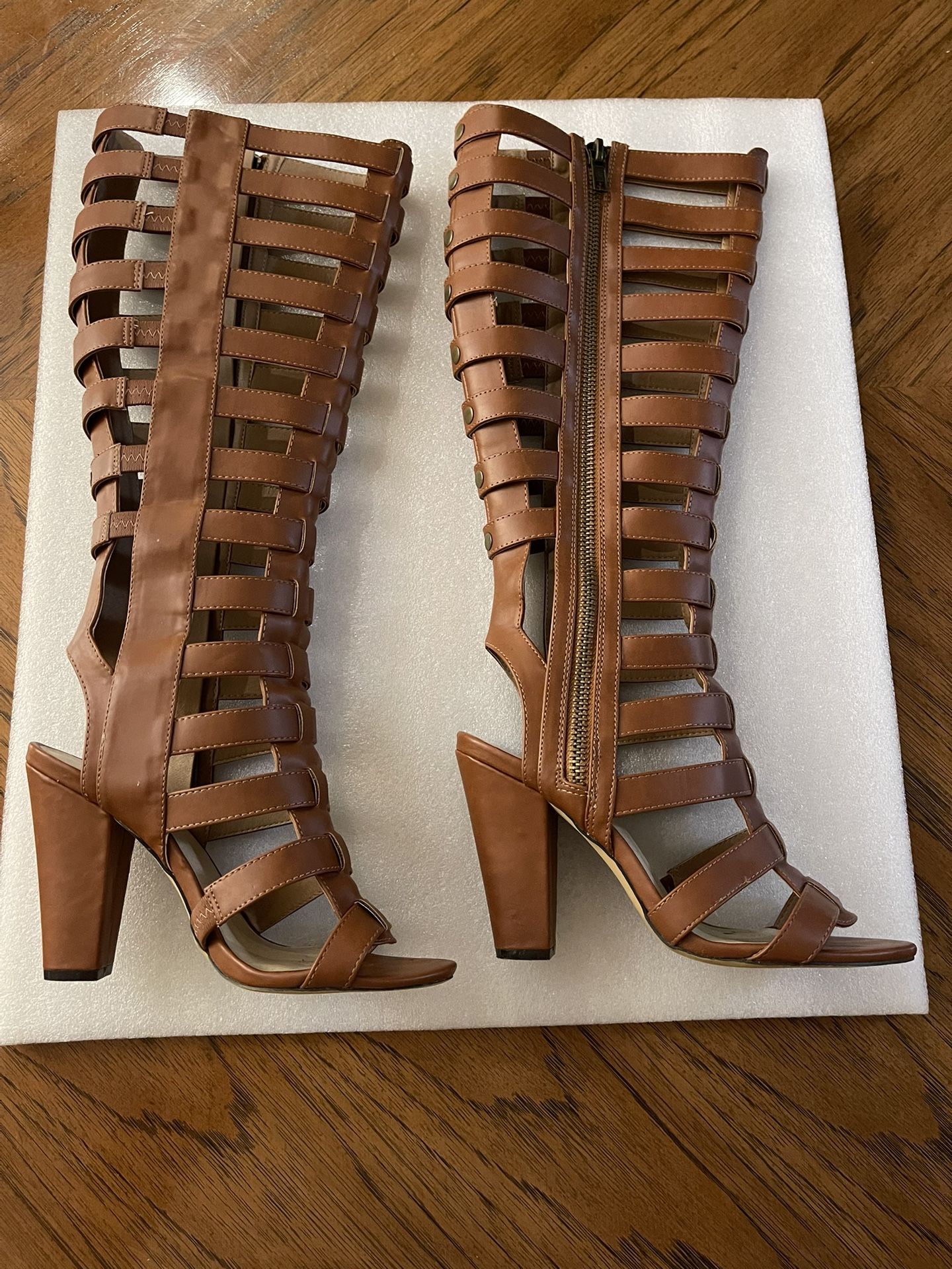 Michael Antonio Women’s Kimiko Cognac 2 PU Open Toe Caged Knee High Boots