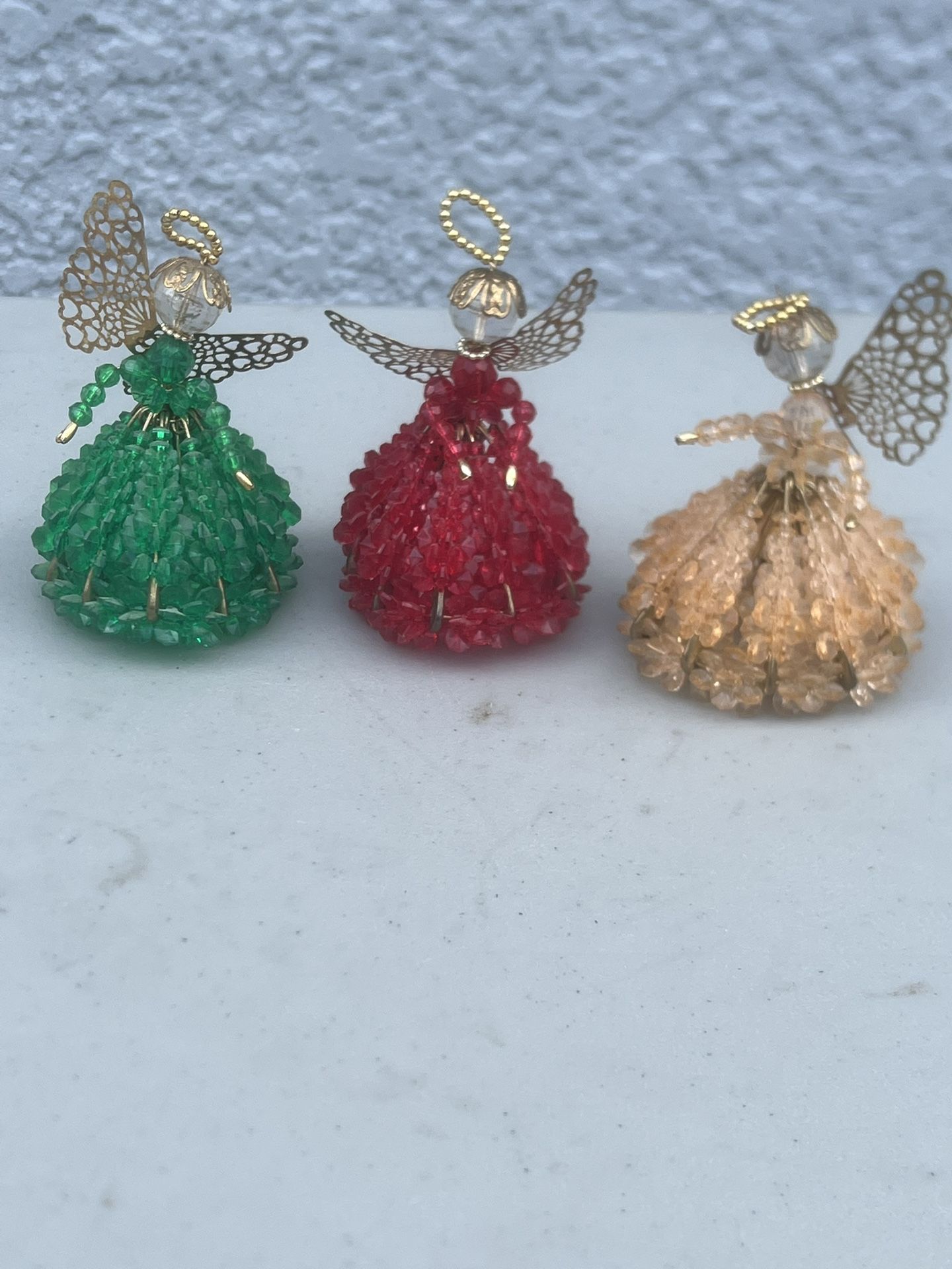 Vintage Handmade Christmas Angels (Lot of 3)Made of Colorful Beads & Safety Pins. The ref one is missing a row see pics