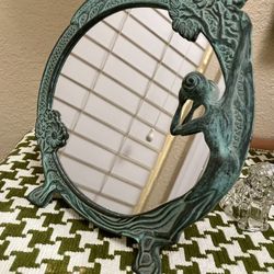Art Nouveau Heavy Metal Tabletop Mirror Woman Figure Vintage Art Deco 9” X 10”