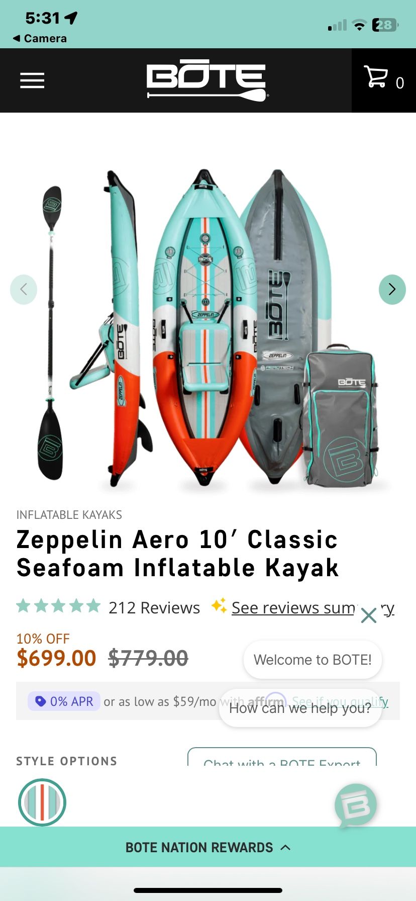 BOTE Zeppelin Aero 10' Classic Seafoam Inflatable Kayak
