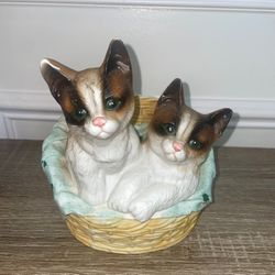 Charming Kittens in a Basket Figurine, Bisque Porcelain, Two Kittens Towel…(#12)