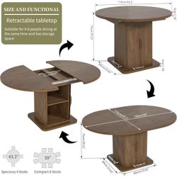 🥨Extendable Round/Oval Dining Table for 4-6-8, 59 Inch Dining Room Kitchen Table with Storage, Fluted Wood Slide Door, Modern Oval Circle Dinner Furn
