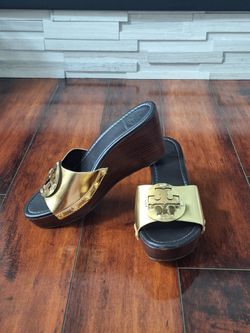 Tory Burch Patti Platform Wedge Sandals Gold Size 8