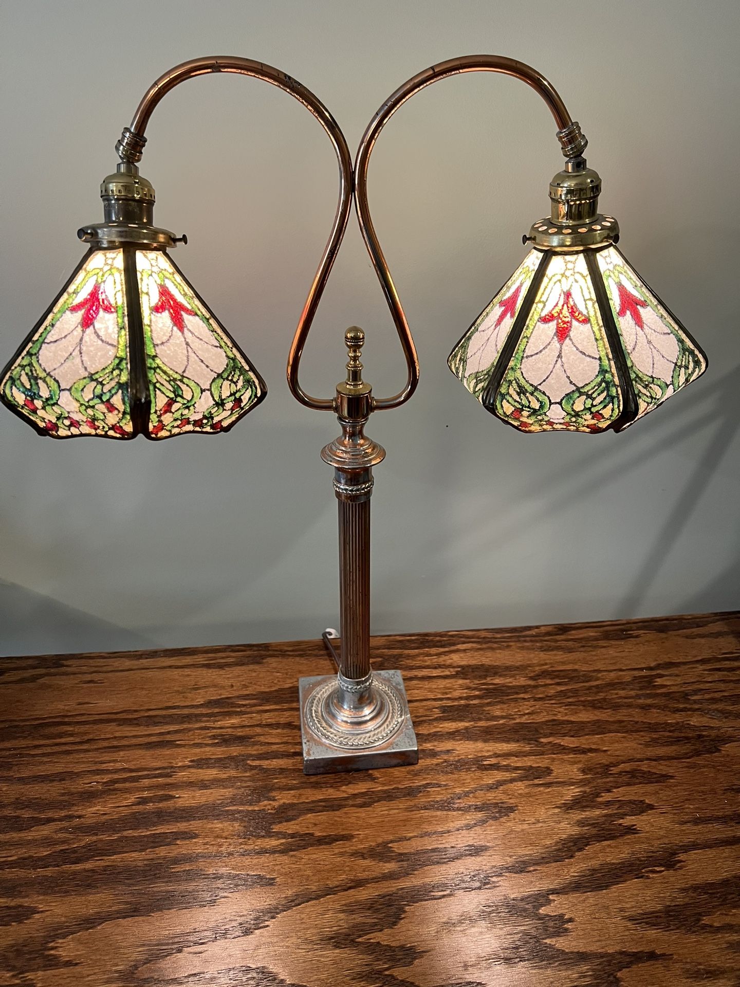 SALE PENDING —VINTAGE - Table / Desk / Double Goose Neck Lamp / HAND PAINTED GLASS/ Very Old