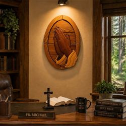 Praying Hands JESUS CHRIST Original Vintage Fine Art SOLID WOOD SCULPTURE Plaque Antique Oak Wooden Prayer Collectible Religion Christianity HILLCREST