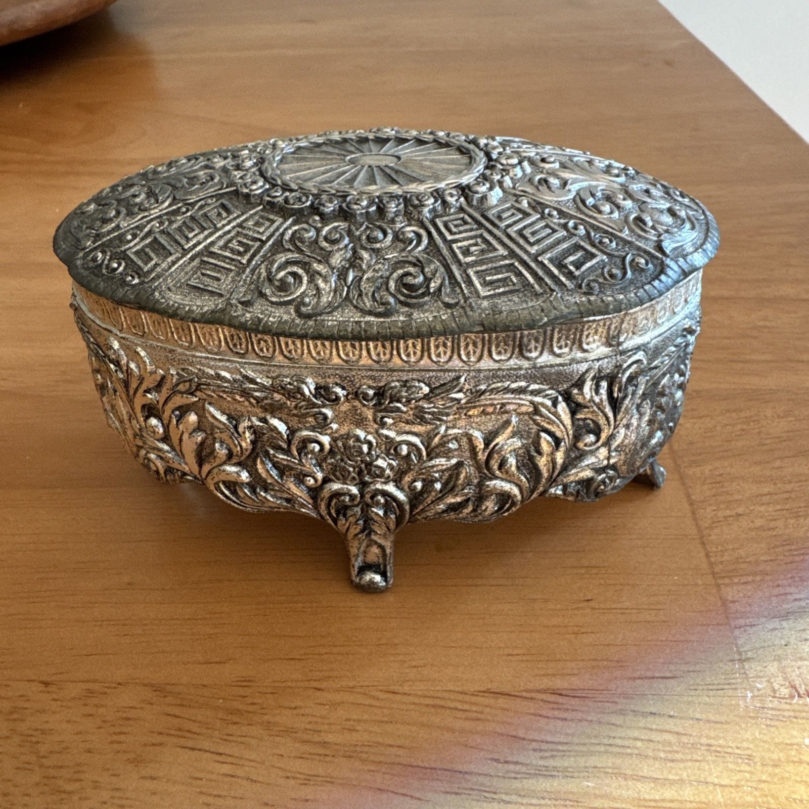 Vintage Silver Tone Casket Hinged Jewelry Box With Velvet Lining