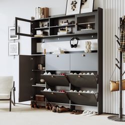   Multifunctional Shoe Cabinet with Storage Shelf & 6 Flip Drawers, Hall Tree with Tempered Glass Doors, Foyer Cabinet w/ 4 Hooks $159  💥brand new in