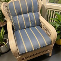 Vintage Rattan Lounge Chair w Blue & Yellow Striped Cushions – Made in Philippines