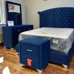 Blue Velvet Bedroom Set 4 Pcs New Bed Dresser Mirror Nightstand