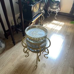 4 Golden Metal Plant Stand Pedestals With Glass Plates