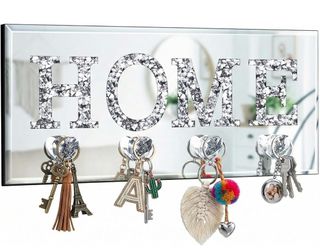 Yalikop Keys Holder On Wall Crush Diamond Mirrored Home Letter Plaque Sign Wall Mounted Clear Heart Shape Hooks Key Hanger Christmas Gift Door Bookshe