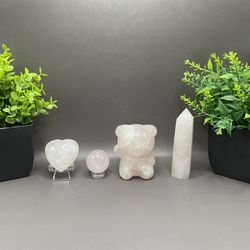Natural rose quartz hand carved bear 212 g 3.2 inches tower 73 g 4 inches, heart 43 g 2.2 inches, sphere 34 g 44 mm