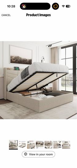 Full Size Lift-Up Storage Bed Frame w/ Hydraulic Storage & Charging Station