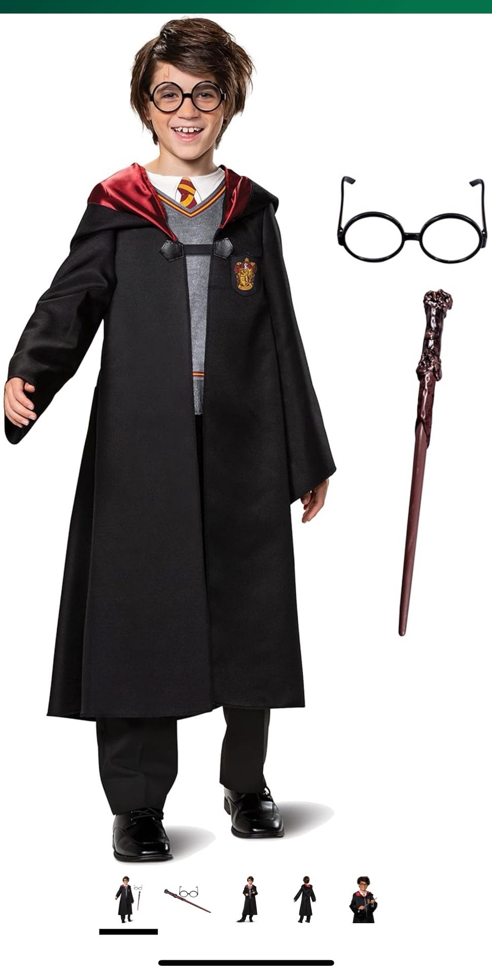 New Kids Harry Potter Robe Magic Wand Eyeglass frame, Knit Scarf and Tie - size medium large.