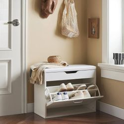Small Shoe Bench, Narrow Shoe Cabinet with Folding Padded Seat, Small Space Shoe Rack, White.