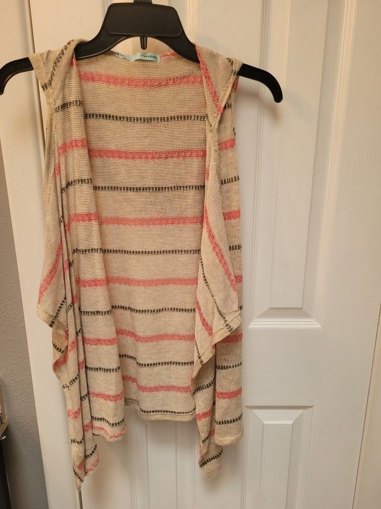 Maurices Womens Hooded Vest Sz L Gray Striped Sleeveless Lightweight Open Front