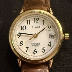 Timex Indiglo Womens Watch 25mm Gold Tone Brown Leather Date