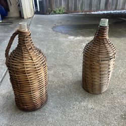 Pair Of Wicker Demijohn Wine Bottles