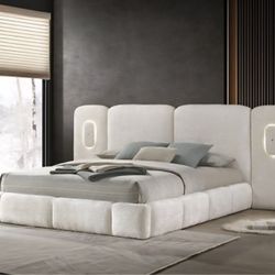 Frame Queen Ivory White Boucle Fabric, LED Lighting, New Especial Price 