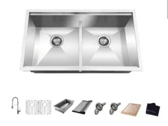 Glacier Bay Zero Radius 33 in Undermount 50/50 Double Bowl 18 Gauge Stainless Steel Workstation Kitchen Sink with Spring Neck Faucet