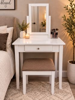 White Vanity Table with Mirror and Brown Padded Stool